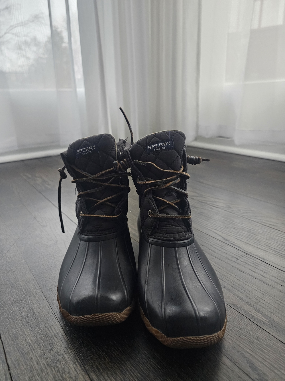 Sperry Black Duck Boots with Brown Trim